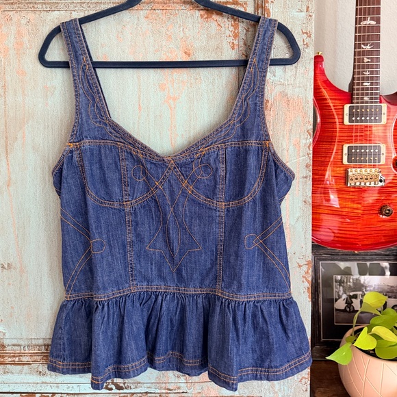 Anthropologie Embroidered Peplum Corset Denim Top - Picture 1 of 14